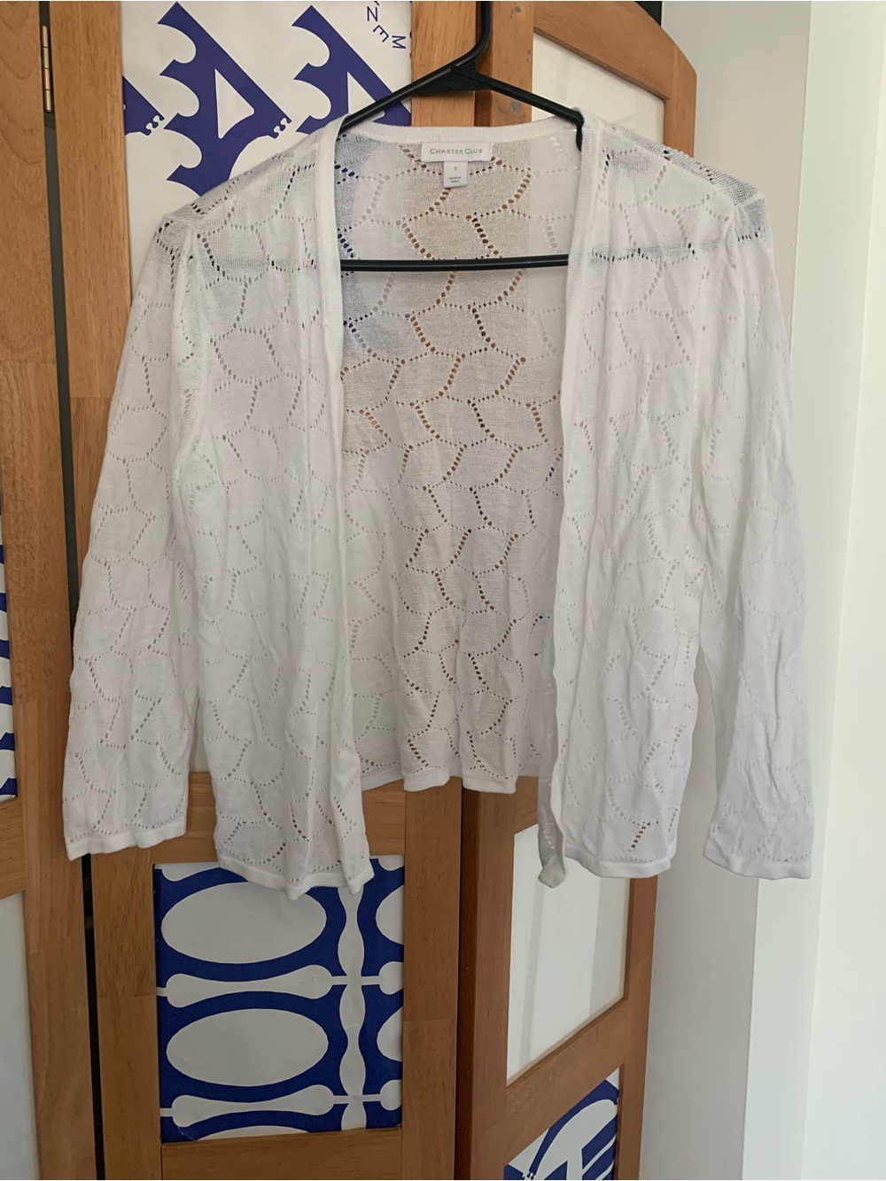 Open-Front White Eyelet Knit Cardigan